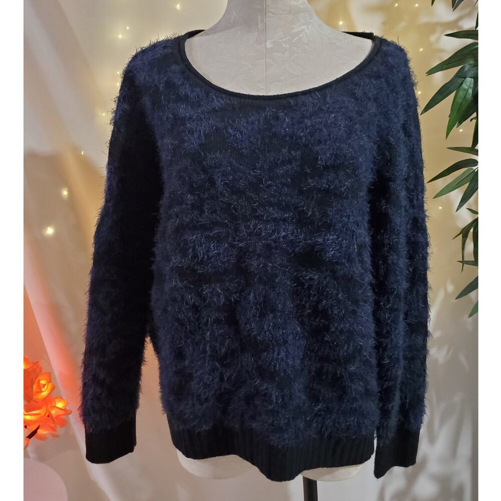 14th & Union Fuzzy Jacquard Blue Hi Low Scoop Neck Knit Sweater Womens Size L